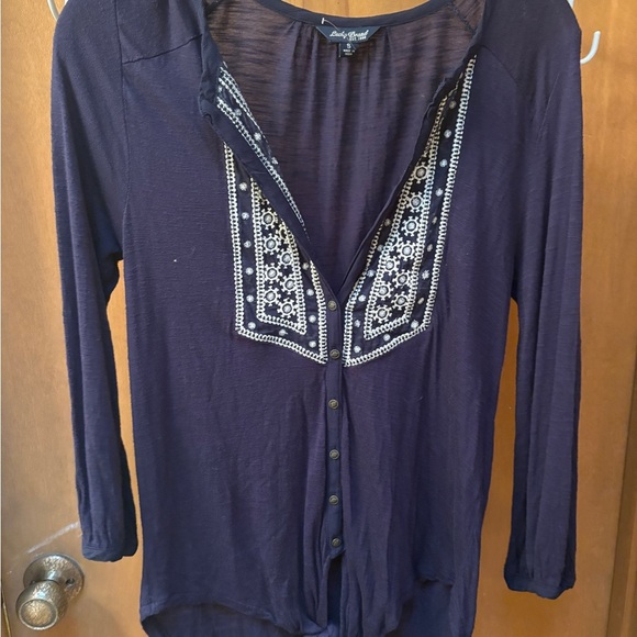 Lucky Brand Navy Boho Peasant Top Front Tie Size Small - Picture 1 of 2